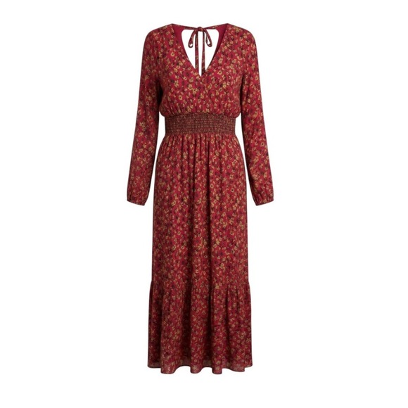 Garnet Hill Dresses & Skirts - Garnet Hill Womens Burgundy Floral Smocked Waist Boho Midi Dress Size 16 NWT